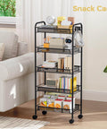 Five Tier Metal Utility Cart On Wheels With Three Hooks For Kitchen Bathroom And Laundry Room Storage Easy Assembly Mobile Trolley
