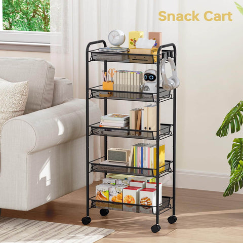 Five Tier Metal Utility Cart On Wheels With Three Hooks For Kitchen Bathroom And Laundry Room Storage Easy Assembly Mobile Trolley
