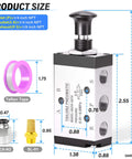 Five Way Two Position Hand Lever Pneumatic Valve With Spring Reset Center Return One Quarter Inch NPT Manual Push Pull Control Air Line Valve For Industrial Pneumatics Works At 25 To 116 Psi, showing size dimensions and components