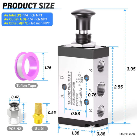 Five Way Two Position Hand Lever Pneumatic Valve With Spring Reset Center Return One Quarter Inch NPT Manual Push Pull Control Air Line Valve For Industrial Pneumatics Works At 25 To 116 Psi, showing size dimensions and components