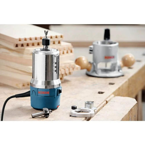 Fixed Base Router 2.25 HP 12 Amp Variable Speed 8000 to 25000 RPM for precise edge work displayed on a workbench.