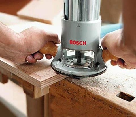 Image of Bosch fixed-base router in use, 2.25 HP, 12 Amp, showing precise edge work, Fixed Base Router 2.25 HP 12 Amp Variable Speed 8000 to 25000 RPM