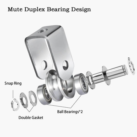 Exploded view of Cable Pulley Wheel Heavy Duty, Fixed Pulley Block, Bearing Inside with snap ring and ball bearings
