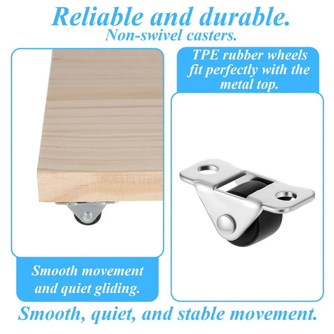 Eight Piece Mini Fixed Caster Wheels Set Half Inch Low Profile Silent Bearings Single Direction Tiny Wheels installation view