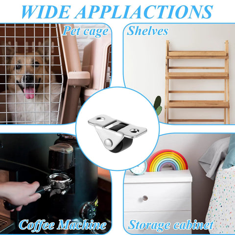Diagram showing applications for Eight Piece Mini Fixed Caster Wheels Set Half Inch Low Profile for cabinets, shelves, and pet cages.