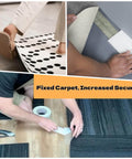 Collage showing double-sided tape securing carpets and rugs for increased safety.