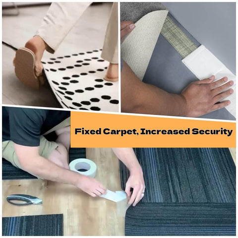 Collage showing double-sided tape securing carpets and rugs for increased safety.