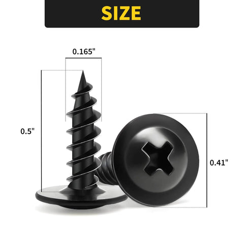 Close-up of FIXLINK Black Phillips Truss Head Wood Screws 8 By Half Inch Self Tapping 160 PC Pack, showing dimensions and design.