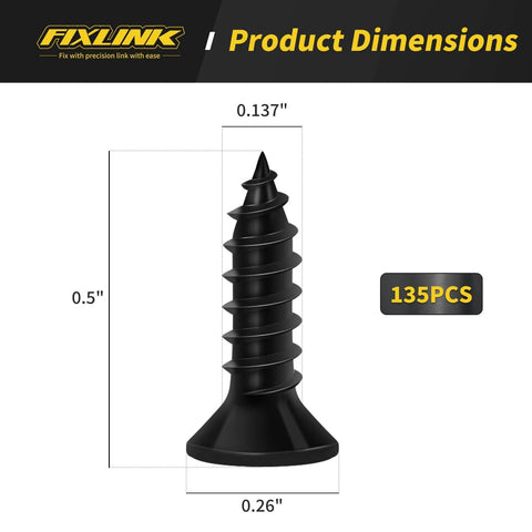 Size dimensions of Fixlink Wood Screws Size 6 Half Inch Flat Head Phillips Self Tapping Carbon Steel Black 135 Pack For Indoor Furniture