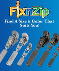 Medium Black Nickel Zipper Repair Kit That Fixes Jackets Sleeping Bags Tents And Duffel Bags With No Sew Slider Replacement Universal Tool For Instant Reusable Zipper Repair Sizes 5 To 7 By FixNZip displayed in various sizes and colors