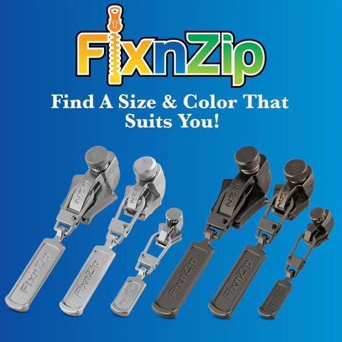 Medium Black Nickel Zipper Repair Kit That Fixes Jackets Sleeping Bags Tents And Duffel Bags With No Sew Slider Replacement Universal Tool For Instant Reusable Zipper Repair Sizes 5 To 7 By FixNZip displayed in various sizes and colors