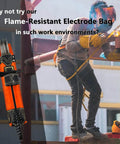 Welder using Flame-Resistant Leather Electrode Bag and Welding Rod Holder for Welders, cowhide pouch attached to work belt