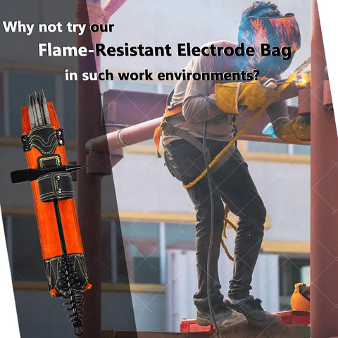 Welder using Flame-Resistant Leather Electrode Bag and Welding Rod Holder for Welders, cowhide pouch attached to work belt