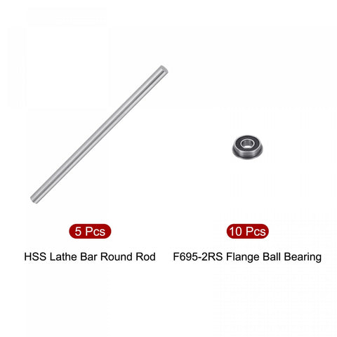 F695-2RS Flange Ball Bearing 5x13x4mm Double Sealed Chrome Steel Bearings with 5mm HSS Lathe Bar Round Rods, Pack of 10