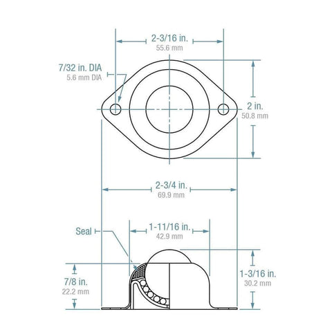 Diagram of (Case of 10) Hudson Bearings BT-1CS Two-Hole Flange Mounted Ball Transfer, Carbon Steel, 1" Diameter, 75 lbs Load Capacity