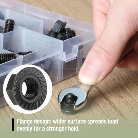 Person tightening nut from Nuts And Bolts Assortment Kit 272 Pieces Flange Hex Bolts Nuts Washers Grade 10.9 Black Carbon Steel M6 M8 M10