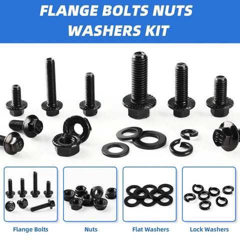 280Pcs Metric Flange Bolt Assortment, M6x1.0, M8x1.25, M10x1.5, black zinc galvanized hex bolts nuts washers kit display