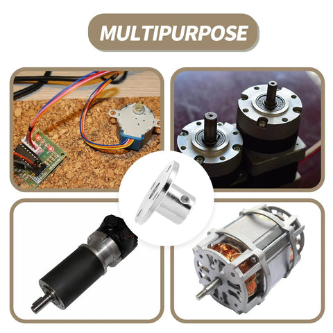 Collage showing 4 Piece 6mm Flange Coupling Connector Set with RC motors and model gear systems, focus on precision plated steel.