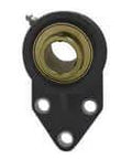 Front view of 25mm Wide Set Screw Flange Housing Single Unit, zinc three-bolt body, black plastic insert, sealed ball bearing compatible.