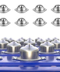 Surface Ball Bearing Rollers Ball Transfer Units with 1 Inch Main Ball Flange Mounted for Conveyors, shown in set of 20 on blue surface.