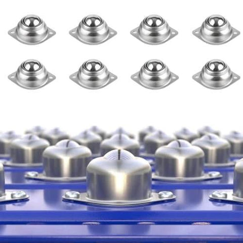 Surface Ball Bearing Rollers Ball Transfer Units with 1 Inch Main Ball Flange Mounted for Conveyors, shown in set of 20 on blue surface.