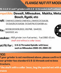 Compatibility chart for Versatile 7-Piece Grinder Nut and Wrench Kit with Dewalt, Milwaukee, Makita, Bosch models.