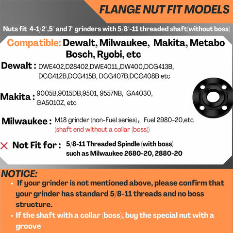 Compatibility chart for Versatile 7-Piece Grinder Nut and Wrench Kit with Dewalt, Milwaukee, Makita, Bosch models.