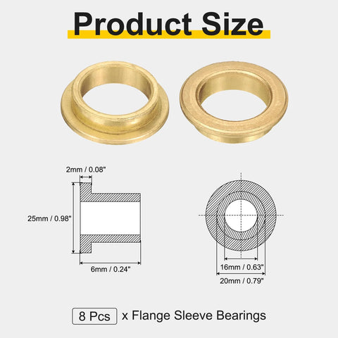 8 Pcs Flange Sleeve Bearings 16mm Bore 20mm OD 6mm Length Self Lubricating Sintered Bronze Bushings with size diagram