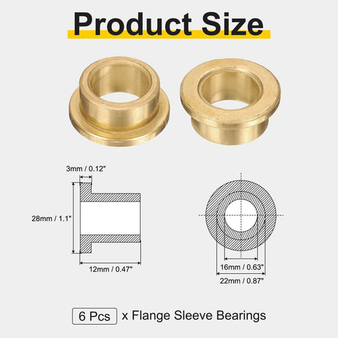 Flange Sleeve Bearings Set Of 6 Self Lubricating Sintered Bronze Bushings with 16mm Bore 22mm OD and measurements diagram