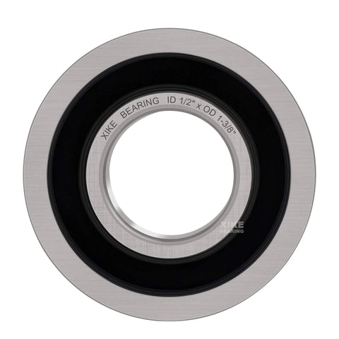 Ten Pack Flanged Ball Bearings Half Inch By One And Three Eighths Inch By Half Inch for lawn mowers and carts, chrome steel, close-up
