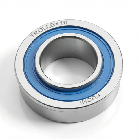 Close-up of 4 Pack Sealed Flanged Ball Bearings For Lawn Mowers And Outdoor Carts, Chrome Steel, with blue seal.