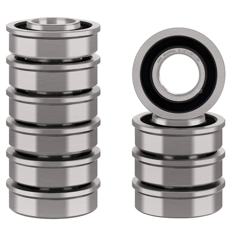 Flanged Ball Bearing Set For One Half Inch Shaft And One And One Eighth Inch Hub, 10 Pack Chrome Steel Bearings With Seal