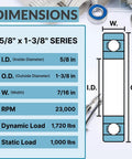 Diagram showing dimensions and specifications for 2 Pack Flanged Ball Bearing Five Eighths Inch By One And Three Eighths Inch Chrome Steel.