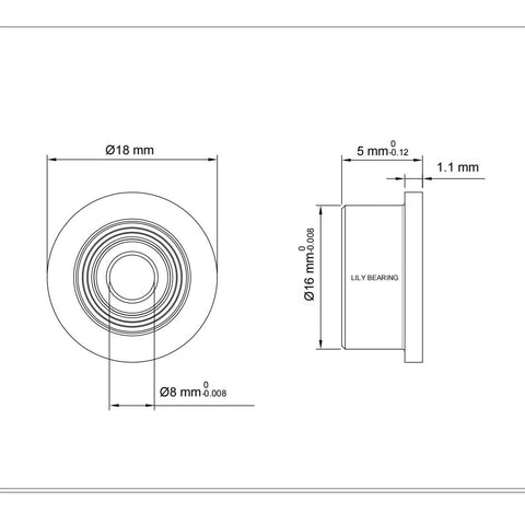 Technical drawing of Flanged Ball Bearing Set 10 Pack 8x16x5mm F688ZZ Heavy Duty Chrome Steel ABEC1 P0 Z2 Deep Groove with dimensions