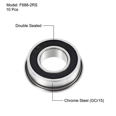 Flanged Ball Bearing 8x16x5mm F688-2RS Double Sealed Chrome Steel ABEC 3 10 Pack with 18mm flange, shown up close