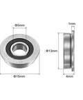 Diagram of Flanged Ball Bearing F695-2RS 5x13x4mm Double Sealed Chrome Steel with 15mm flange diameter and 1mm thickness