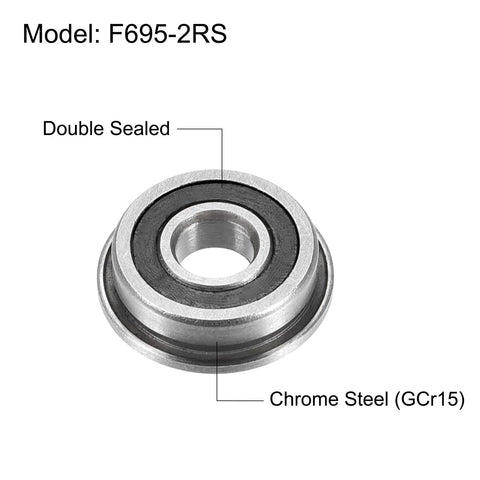 Flanged Ball Bearing F695-2RS 5x13x4mm Double Sealed Chrome Steel ABEC1 Precision Bearings