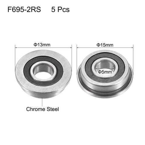 Flanged Ball Bearing F695-2RS 5x13x4mm Double Sealed GCr15 Chrome Steel ABEC1 front and side view showing dimensions and material.