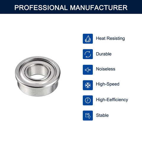 Angled front view of HiPicco FR168ZZ flanged ball bearing; 1/4 in ID x 3/8 in OD x 1/8 in width, double shielded chrome steel