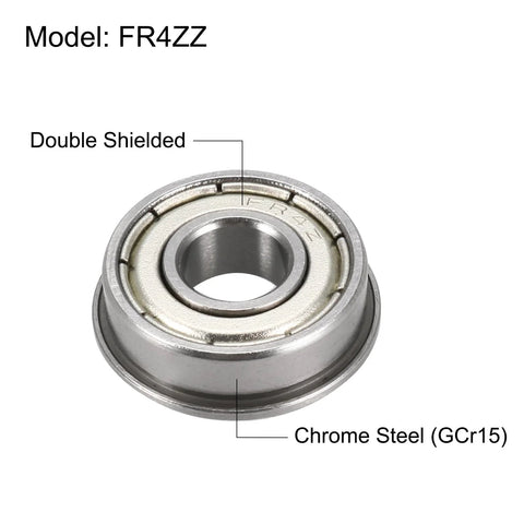 Single Flanged Ball Bearing FR4ZZ, double shielded chrome steel, showing model details, ideal for CNC and robotics use.