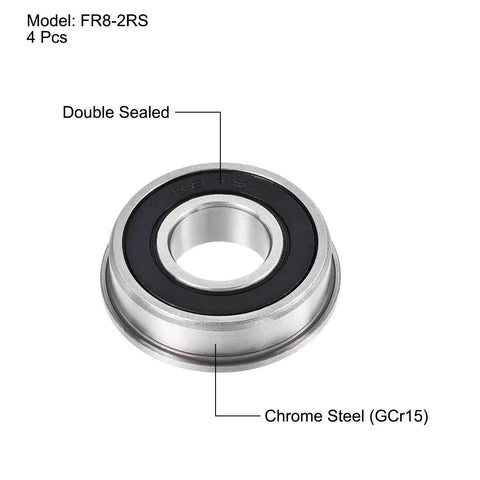 Flanged Ball Bearing FR8-2RS 1/2 x 1-1/8 x 5/16 In Double Sealed Chrome Steel ABEC-3 Bearing showing seals and material.