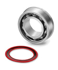 Heavy Duty Flanged Ball Bearings Set By XiKe, 4 Pcs, close-up of galvanized carbon steel bearing with seal, 3/4 Inch ID.