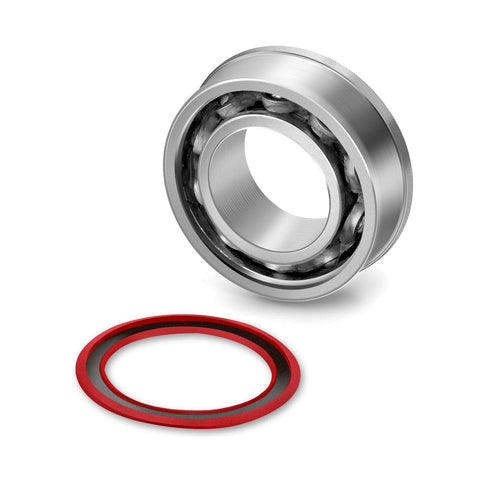 Heavy Duty Flanged Ball Bearings Set By XiKe, 4 Pcs, close-up of galvanized carbon steel bearing with seal, 3/4 Inch ID.