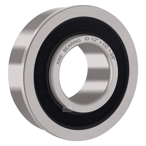 Close-up of a Beefy 4 Pack Flanged Ball Bearing Sealed Chrome Steel for lawn mowers and carts, showing 1/2 inch shaft and 1-3/8 inch hub.