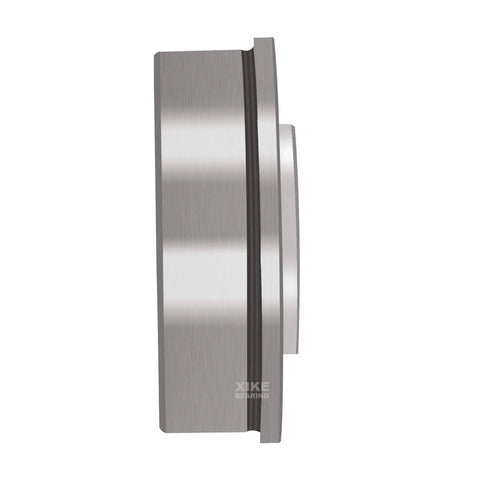 Side view of XiKe flanged ball bearing, brushed metal finish, 5/8 in bore, 1-3/8 in outer diameter, 1/2 in width