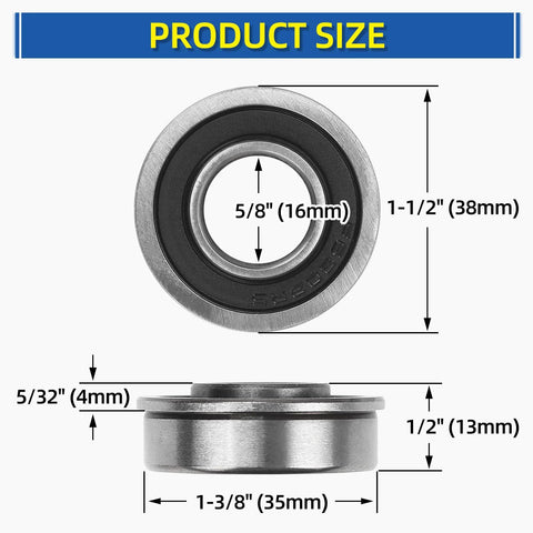 Dimensions of Four Pack GICOOL Five Eighth Inch Bore Flanged Deep Groove Ball Bearing 16mm ID 35mm OD 13mm Width Sealed 9Cr18 Steel