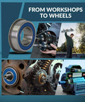 Collage of flanged ball bearings in various applications, featuring 2 Pack Flanged Ball Bearing Five Eighths Inch By One And Three Eighths Inch.