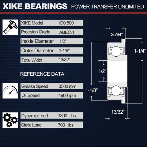 Technical diagram of XiKe model ID0.500 showing dimensions and specifications for flanged ball bearings 1/2 in bore, 1-1/8 in OD.