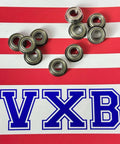 10-Pack Flanged Shielded Bearings 6x12x4 Miniature scattered on red and white background with VXB logo