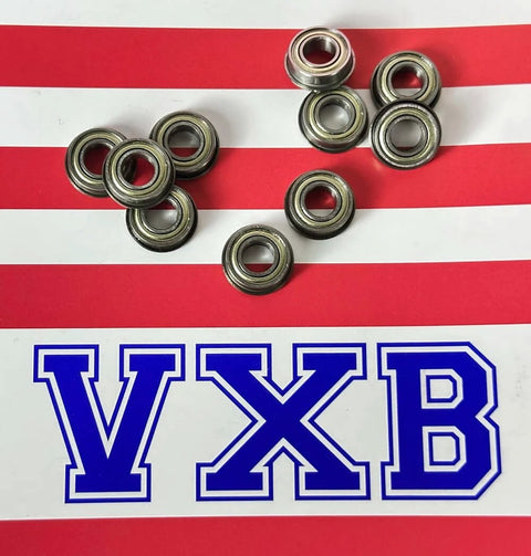 10-Pack Flanged Shielded Bearings 6x12x4 Miniature scattered on red and white background with VXB logo